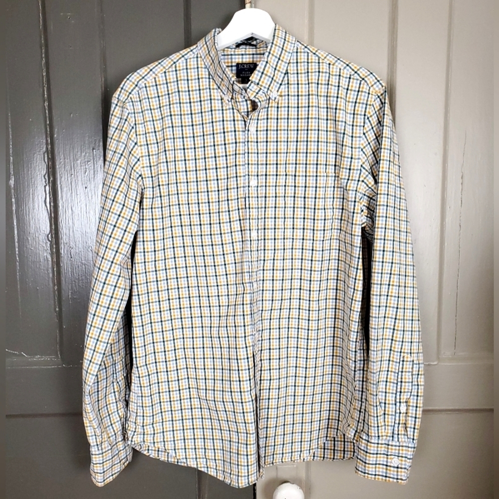 JCrew Flex Washed Green Yellow Plain Button Up Men's Cotton Shirt Size Large